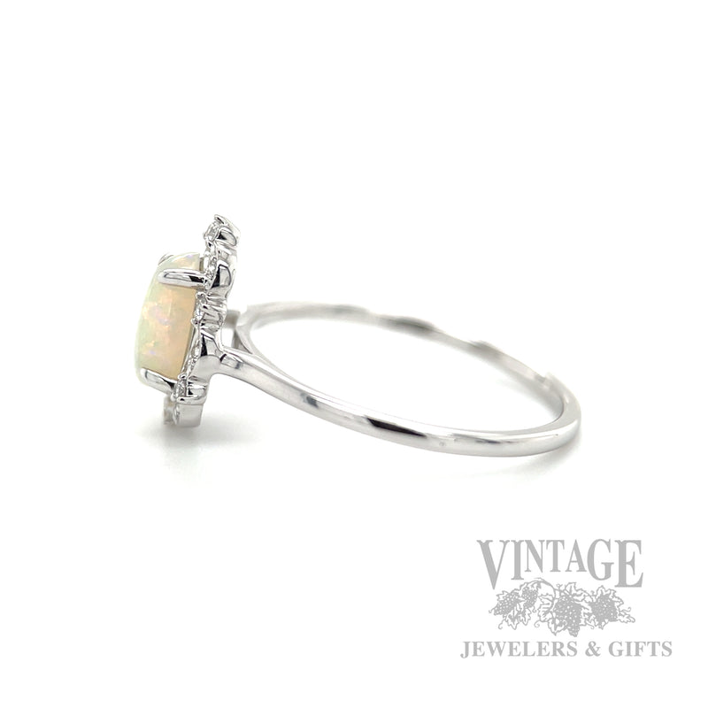 Bezeled Halo Opal 14k White Gold Ring Side View