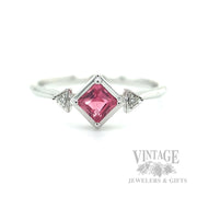 Solitaire Pink Tourmaline Diamond Accented 14k White Gold Ring Detailed View
