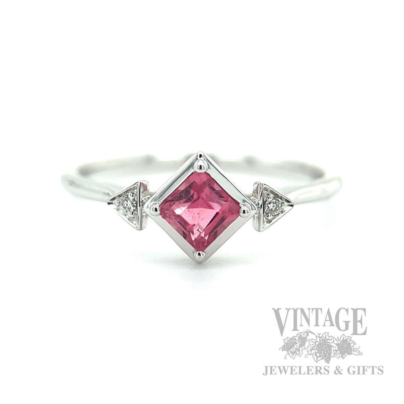 Solitaire Pink Tourmaline Diamond Accented 14k White Gold Ring Detailed View