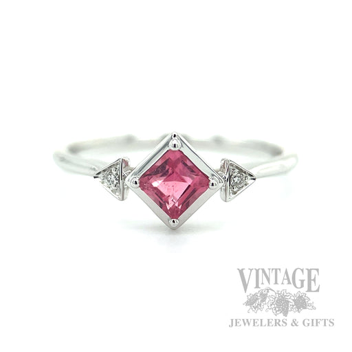 Solitaire Pink Tourmaline Diamond Accented 14k White Gold Ring Detailed View