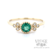Milgrain Bezeled Emerald Diamond Accented 14k Gold Ring Front View