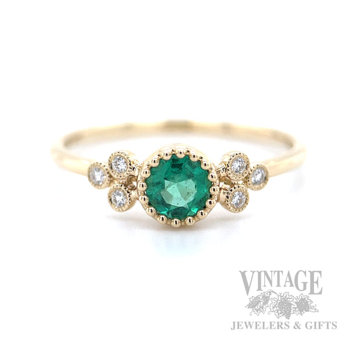 Milgrain Bezeled Emerald Diamond Accented 14k Gold Ring Front View