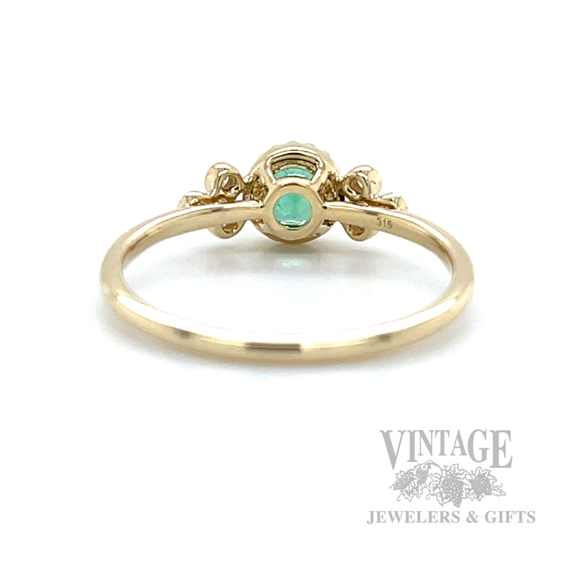 Milgrain Bezeled Emerald Diamond Accented 14k Gold Ring Back/Interior View