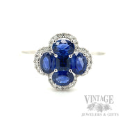 Clover Halo Blue Sapphire Diamond Accented 14k White Gold Ring Front View