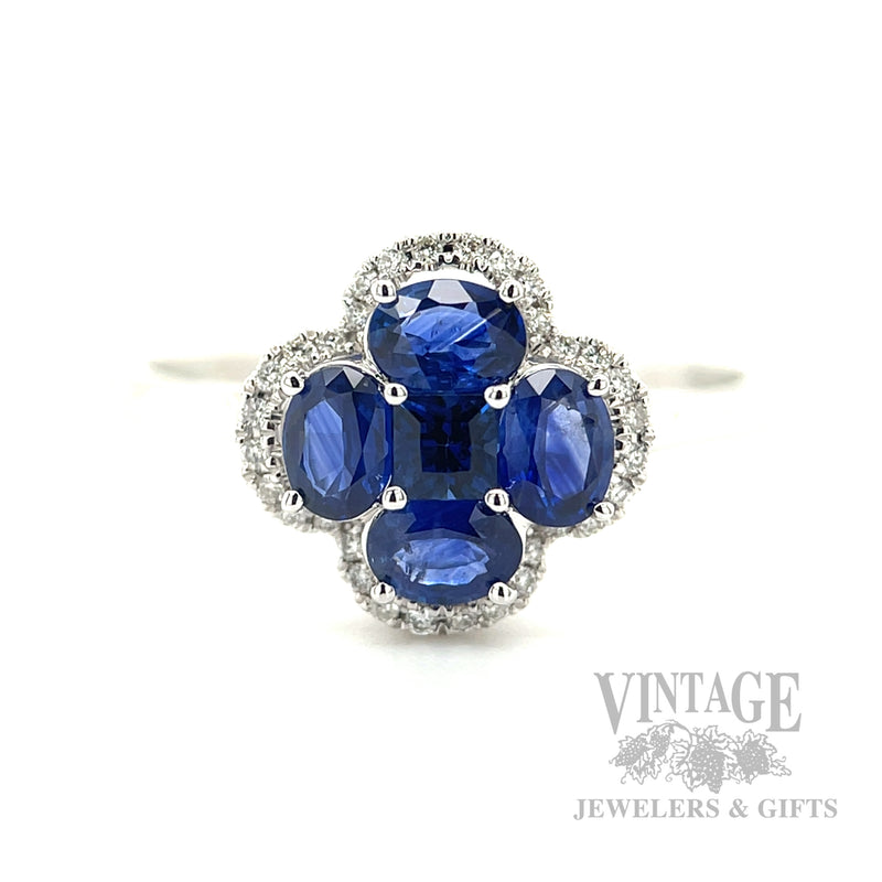 Clover Halo Blue Sapphire Diamond Accented 14k White Gold Ring Front View