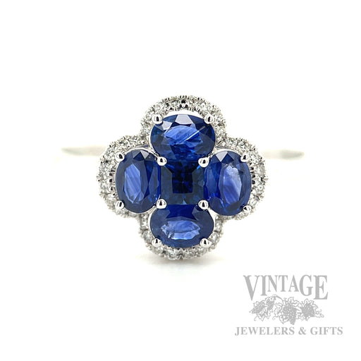 Clover Halo Blue Sapphire Diamond Accented 14k White Gold Ring Front View