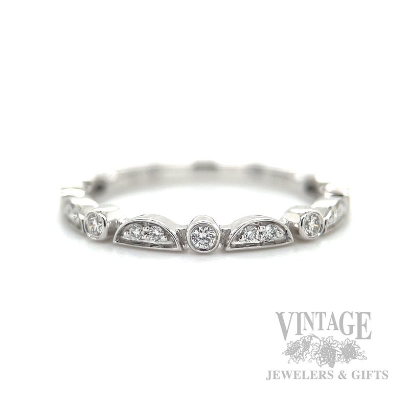 Half Moon Bezeled Diamonds Stackable 14k White Gold Band Front View