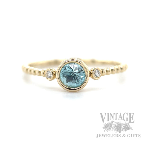 Beaded Blue Zircon Diamond Accented 14k Gold Ring Front View