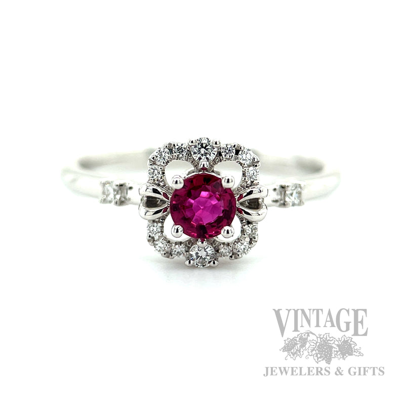 Clover Halo Ruby Diamond Accented 14k White Gold Ring