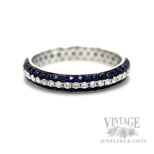 Blue Sapphire Diamond Line 18k White Gold Ring Detailed View