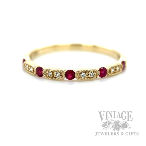 Ruby and Diamond Accented 14k Gold Milgrain Ring Detailed View