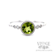 Bezeled Peridot Diamond Accented 14k White Gold Ring Front View