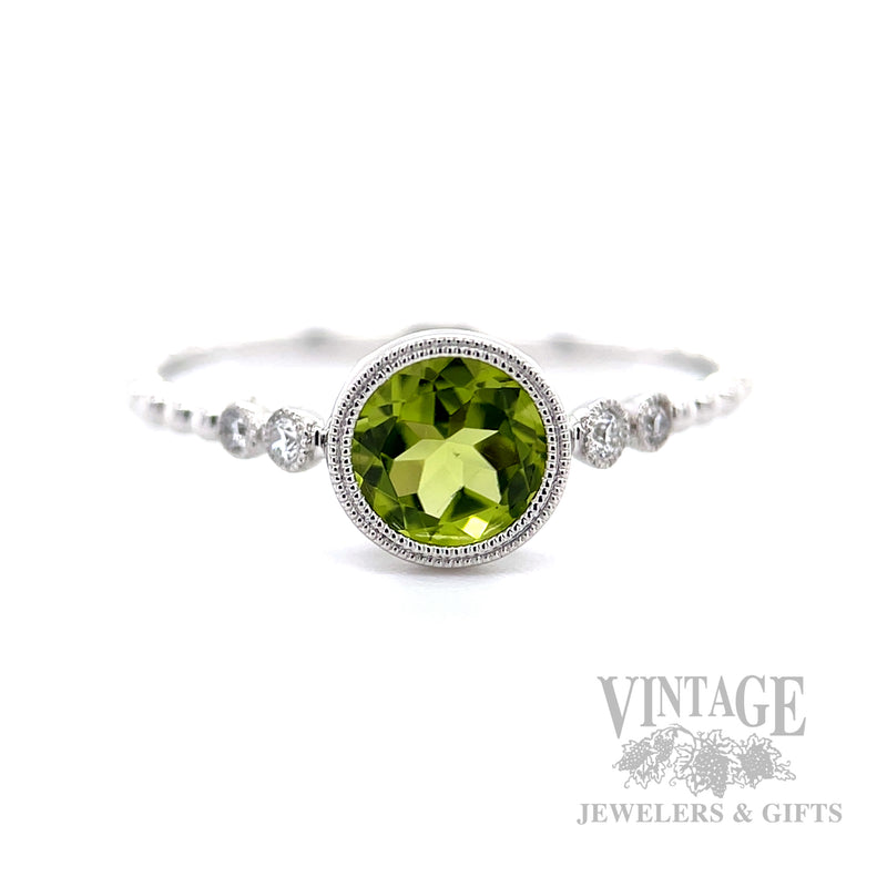 Bezeled Peridot Diamond Accented 14k White Gold Ring Front View