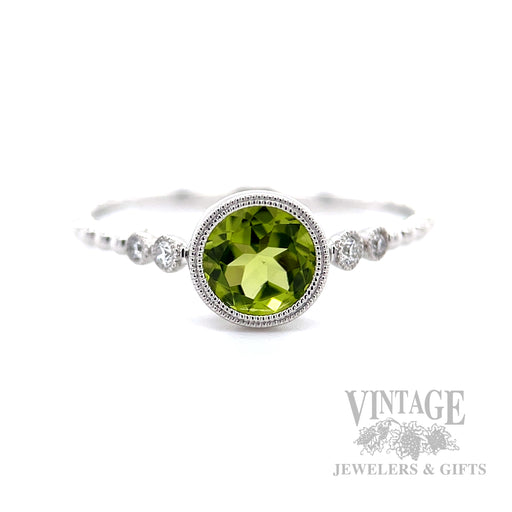 Bezeled Peridot Diamond Accented 14k White Gold Ring Front View