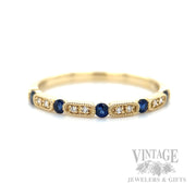 Blue Sapphire Diamond Accented 14k Gold Milgrain Ring Detailed View