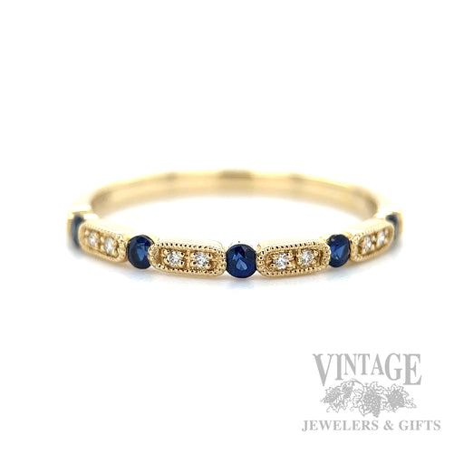 Blue Sapphire Diamond Accented 14k Gold Milgrain Ring Detailed View