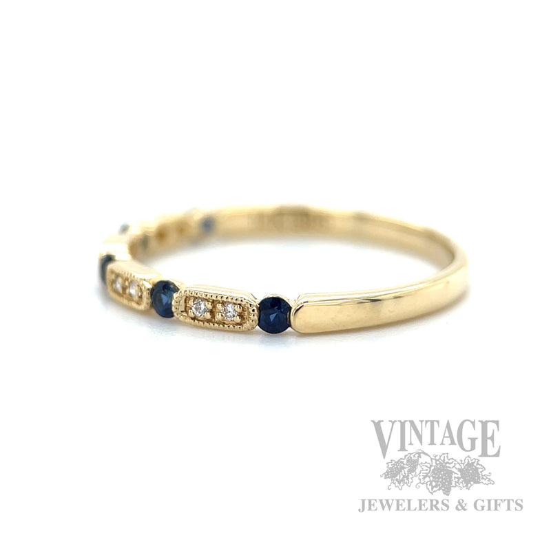 Blue Sapphire Diamond Accented 14k Gold Milgrain Ring Side View