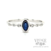 Bezeled Solitaire Blue Sapphire Diamond Accented 14k White Gold Ring Front View