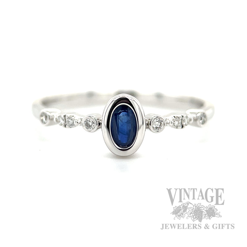 Bezeled Solitaire Blue Sapphire Diamond Accented 14k White Gold Ring Front View