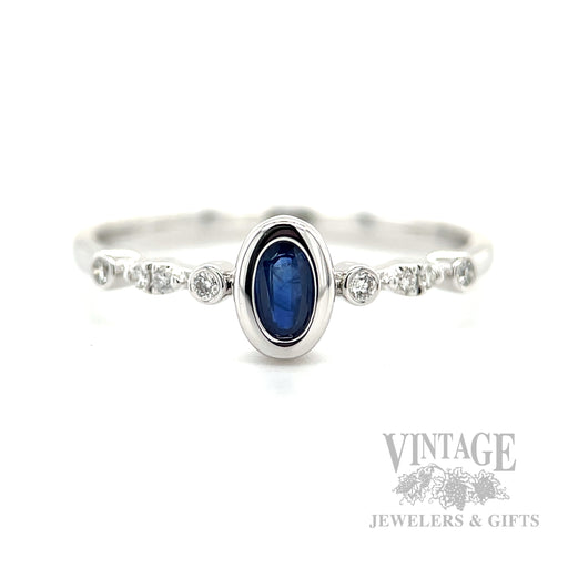 Bezeled Solitaire Blue Sapphire Diamond Accented 14k White Gold Ring Front View