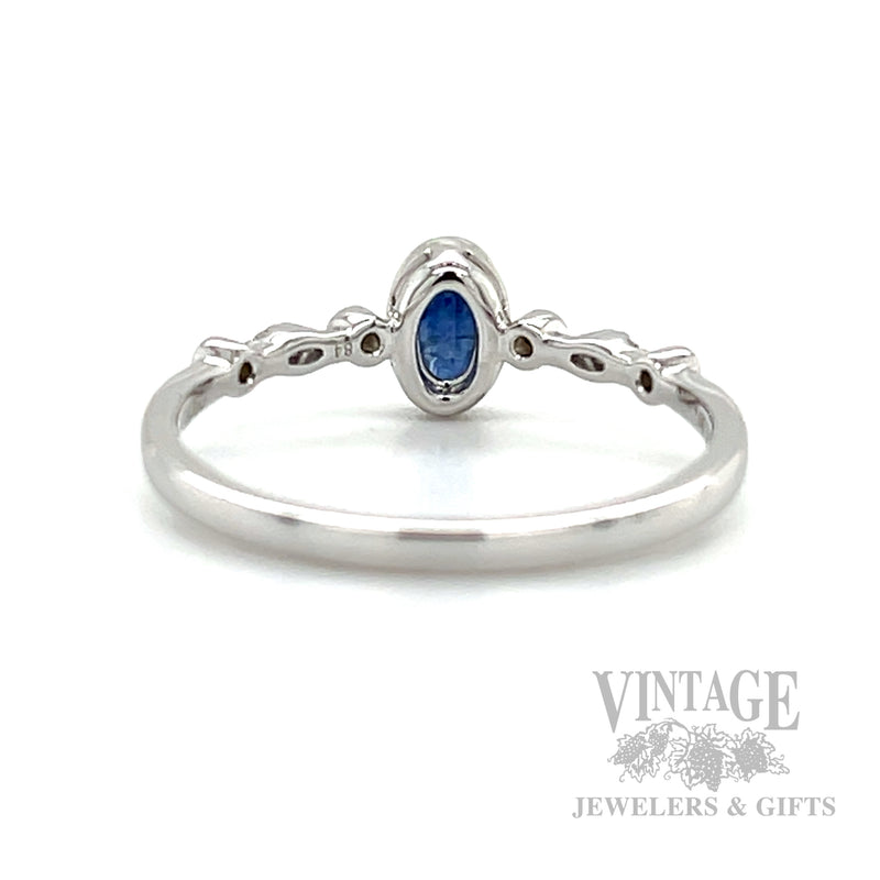 Bezeled Solitaire Blue Sapphire Diamond Accented 14k White Gold Ring Back/Interior View