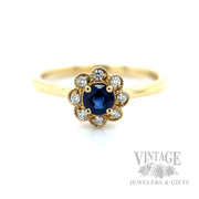 Floral Halo Blue Sapphire 14k Gold Ring Front View