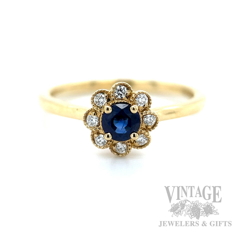 Floral Halo Blue Sapphire 14k Gold Ring Front View