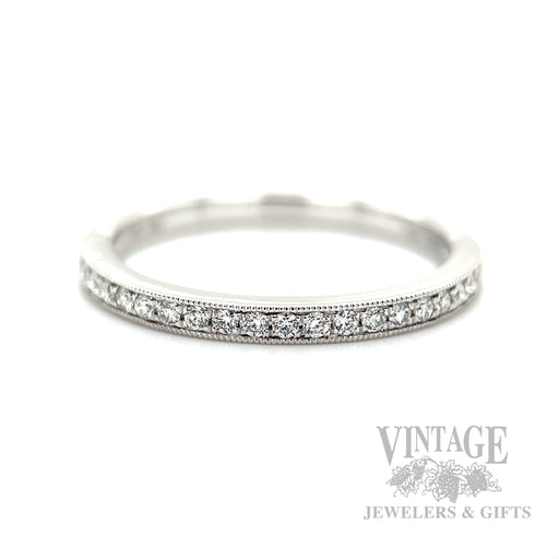 Milgrain Diamond Line 14k White Gold Ring Front View
