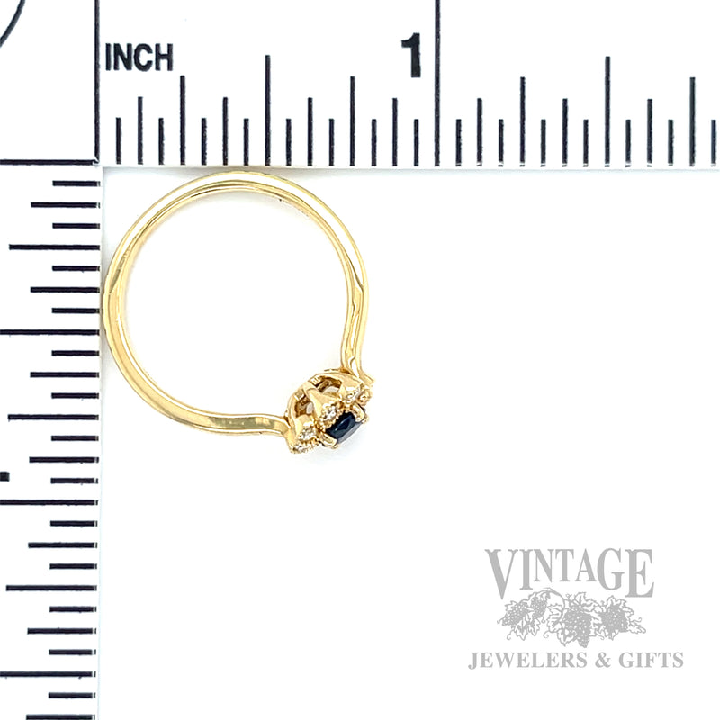 Floral Halo Blue Sapphire 14k Gold Ring Scale View