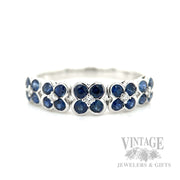 Clover Patterned Blue Sapphire Diamond Accented 14k White Gold Ring Front View
