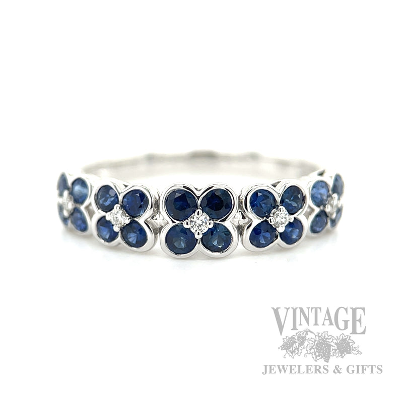 Clover Patterned Blue Sapphire Diamond Accented 14k White Gold Ring Front View
