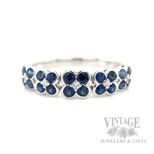 Clover Patterned Blue Sapphire Diamond Accented 14k White Gold Ring Front View