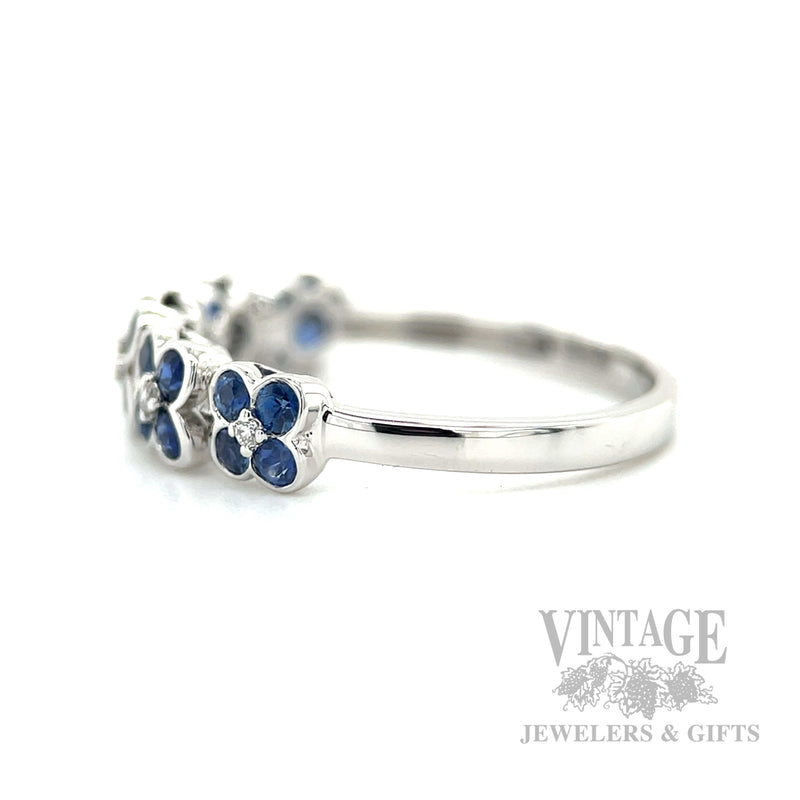 Clover Patterned Blue Sapphire Diamond Accented 14k White Gold Ring Side View