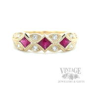 Milgrain Leaves Ruby and Diamond Accented 14k Gold Ring Front View