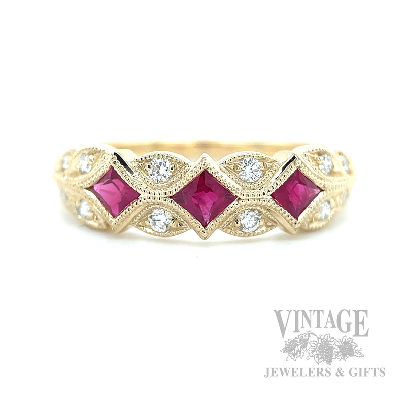 Milgrain Leaves Ruby and Diamond Accented 14k Gold Ring Front View