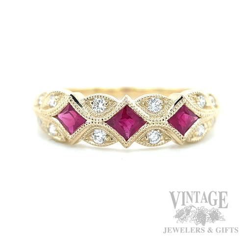 Milgrain Leaves Ruby and Diamond Accented 14k Gold Ring Front View