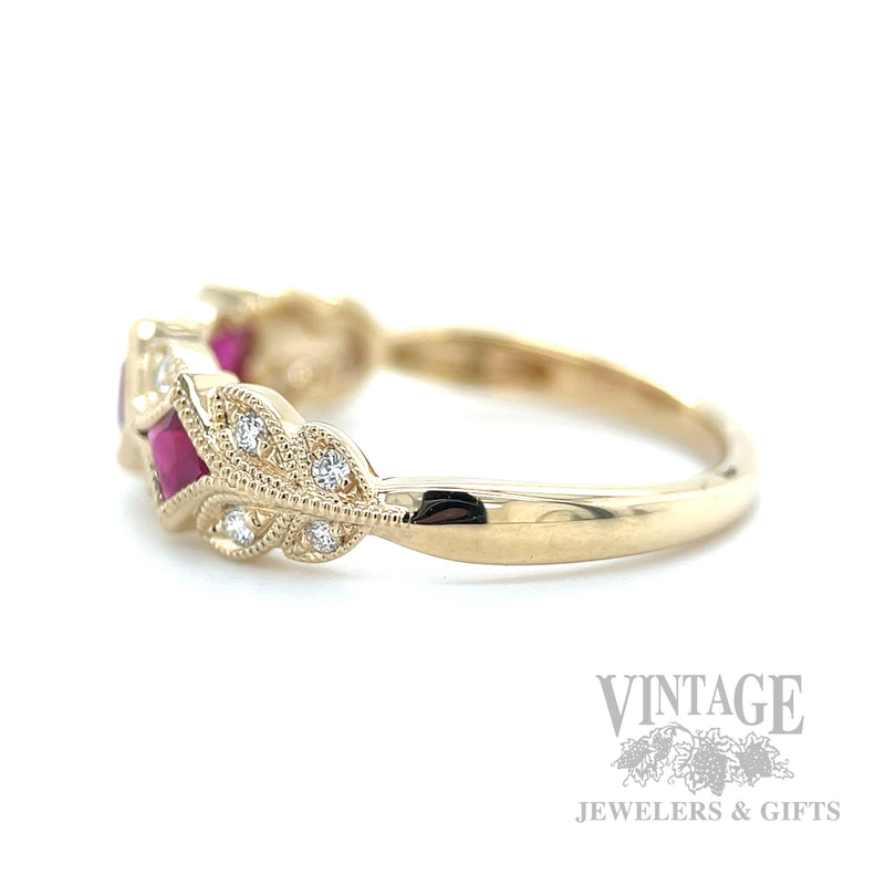 Milgrain Leaves Ruby and Diamond Accented 14k Gold Ring Side View