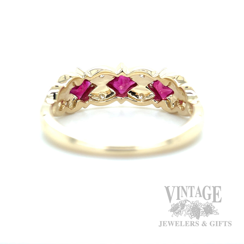 Milgrain Leaves Ruby and Diamond Accented 14k Gold Ring Back/Interior View
