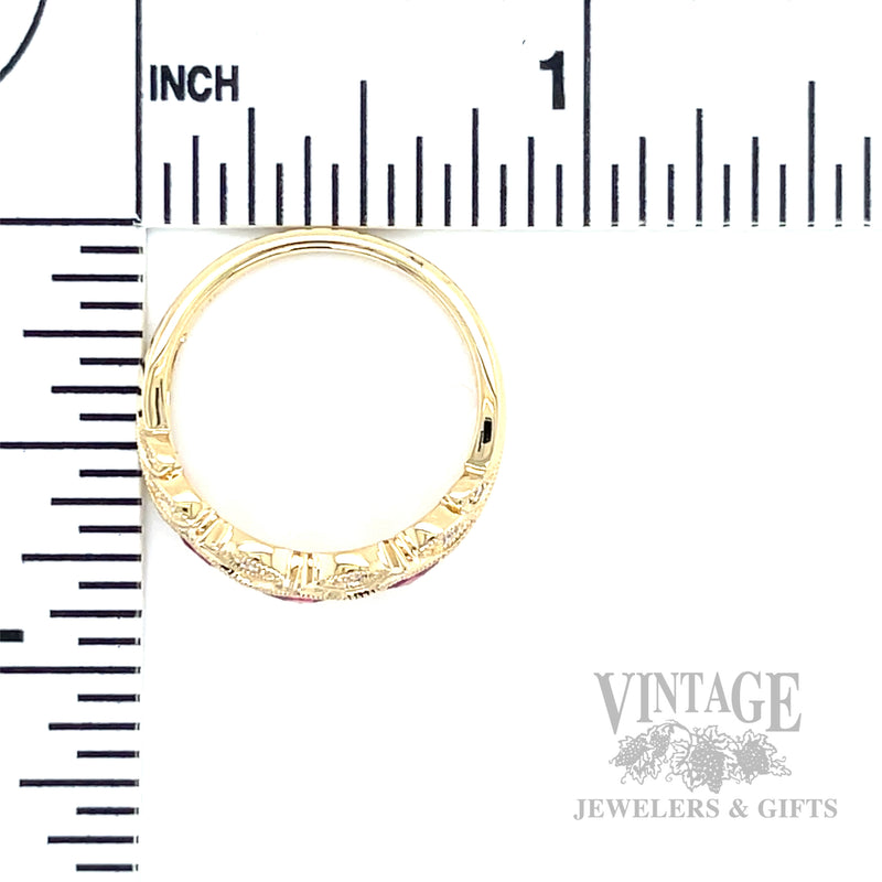 Milgrain Leaves Ruby and Diamond Accented 14k Gold Ring Scale View