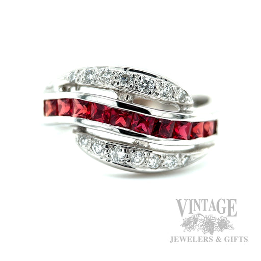 Channel Stripe Ruby Diamond Accented 14k White Gold Ring Front View