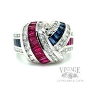 Freeform Ruby, Blue Sapphire and Diamond Accented 14k White Gold Ring Front View
