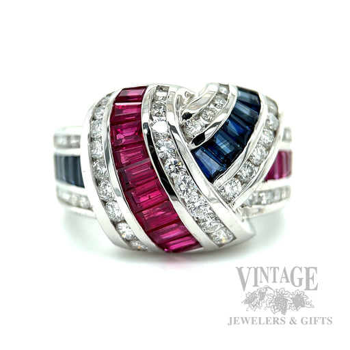 Freeform Ruby, Blue Sapphire and Diamond Accented 14k White Gold Ring Front View