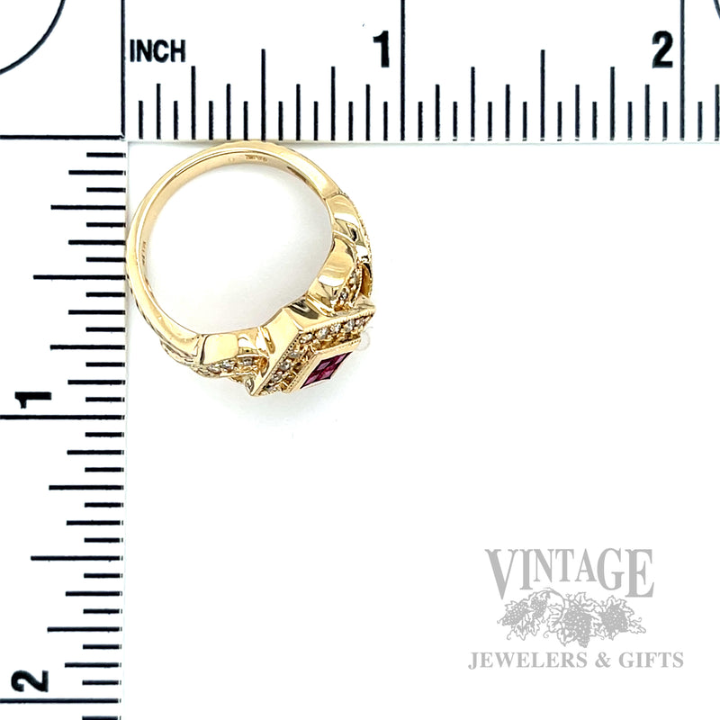 Woven Squared Halo Ruby Diamond Accented 14k Gold Ring Scale View