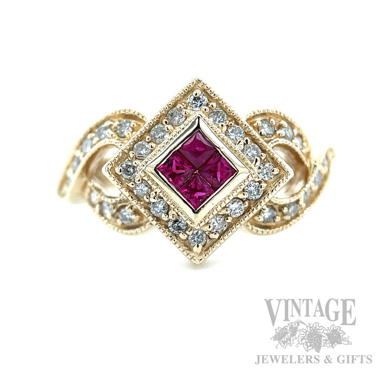 Woven Squared Halo Ruby Diamond Accented 14k Gold Ring Front View