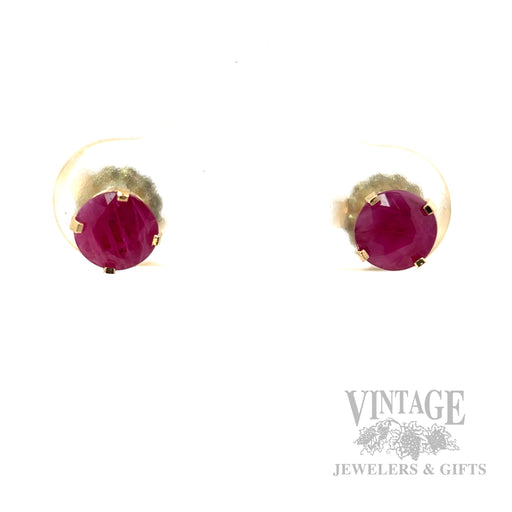Round Ruby 14k Gold Stud Earrings Front View