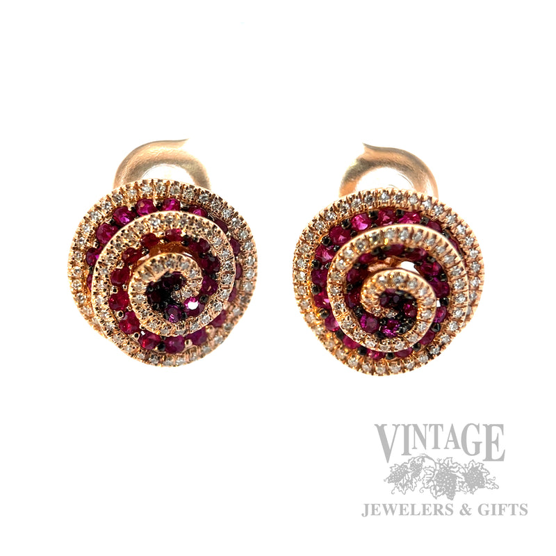 Spiral Rose Ruby Diamond Accented 14k Rose Gold Earrings Front View