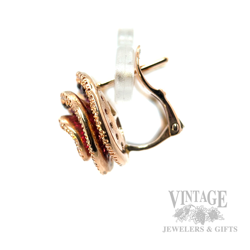 Spiral Rose Ruby Diamond Accented 14k Rose Gold Earrings Side View