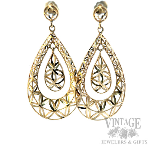 Geometric Pierced 14k Gold Dangle Earrings Front View