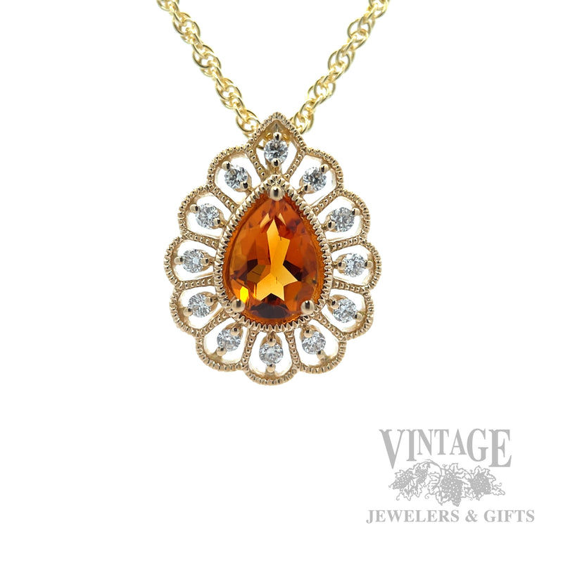 Openwork Halo Citrine Diamond Accented 14k Gold Necklace Front View