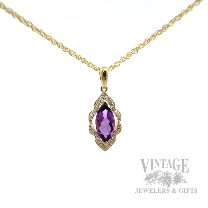 Framed Amethyst Diamond Accented 14k Gold Pendant Front View
